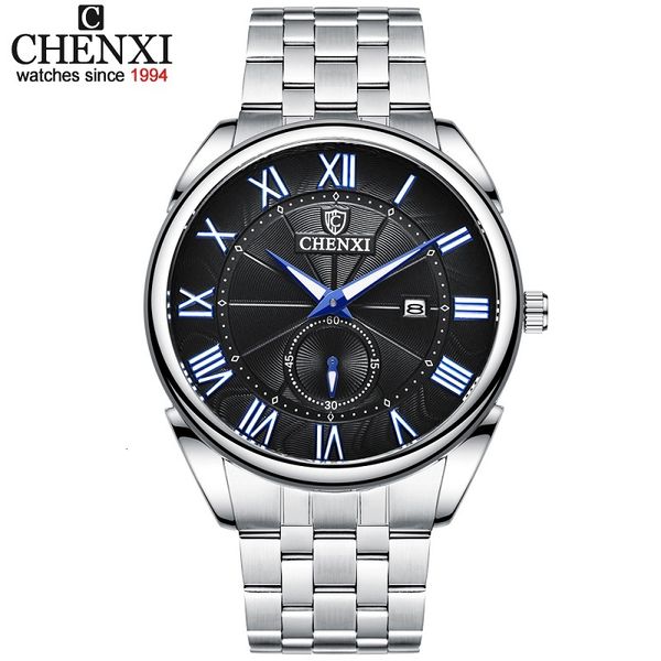 

chenxi new fashion men's watch brand all stainless steel quartz waterproof watch business men's date calendar clock, Silver