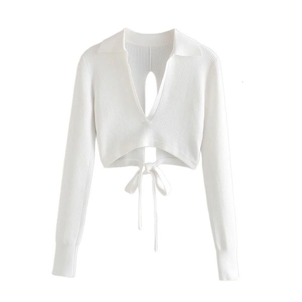 

new women solid v-neck bow short shirts 2021 fashion ladies white knitted elegant female chic hollow out backless blouses, White;black