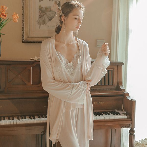 

pajamas suit ladies sleepwear spring autumn summer pajamas women fashion pink modal pyjamas 3pcs long sleeve robe camisole y200708, Black;red