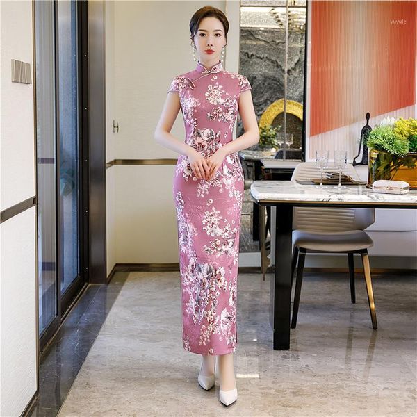 

short sleeve cheongsam elegant women mandarin collar long party dress summer evening qipao button vestido plus size -4xl1, Red