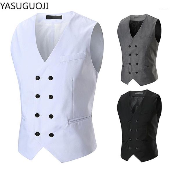 

yasuguoji men's double breasted suit vest slim fit casual business waistcoat men vintage formal vest men chalecos para hombre1, Black;white