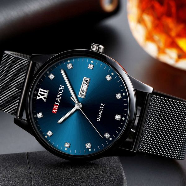 

inlaid luminous waterproof double men's diamond calendar week watch pure steel blue plate quartz watch, Slivery;brown