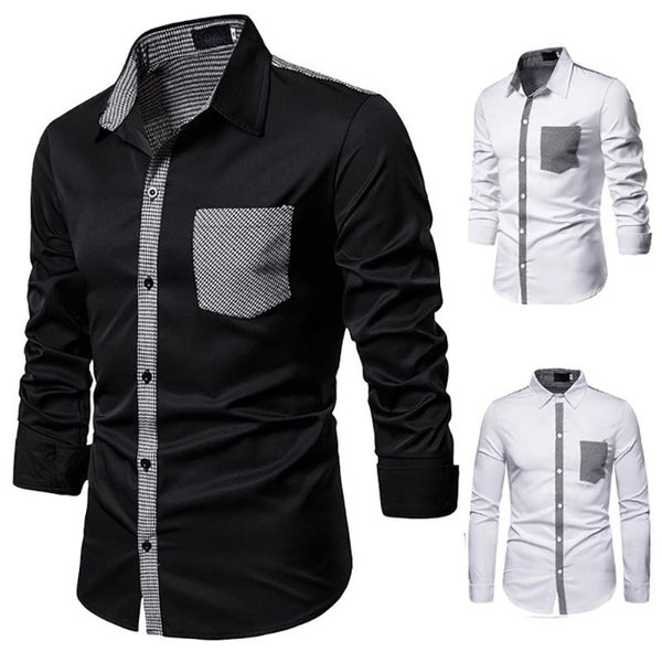 

men's patchwork button slim fit turn-down collar long sleeve blouse shirt camisas hombre manga larga w809, White;black