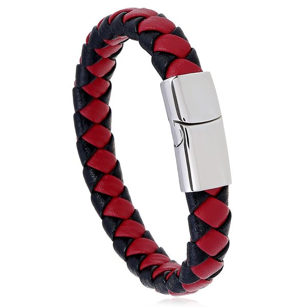 

new popular titanium steel magnetic buckle leather woven bracelet, Silver