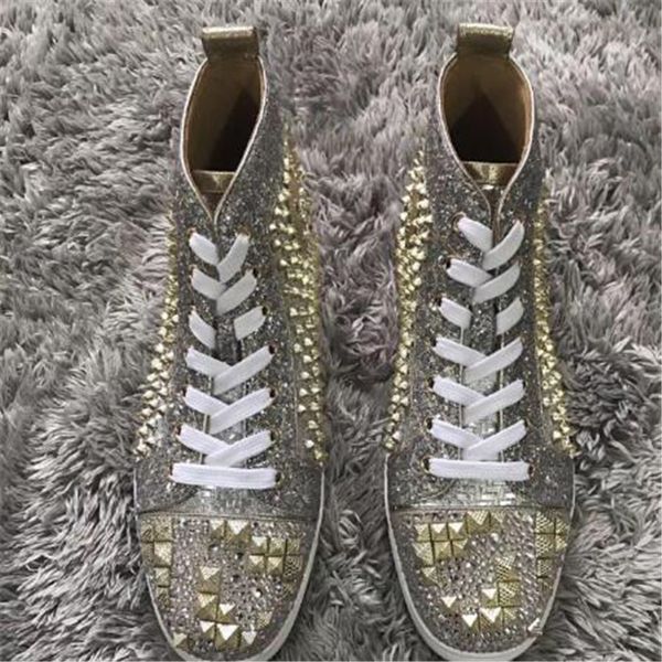

famous gold shiny leather & spikes red bottom sneakers men women high luxury party wedding limited skateborad walking box,eu35-47, Black