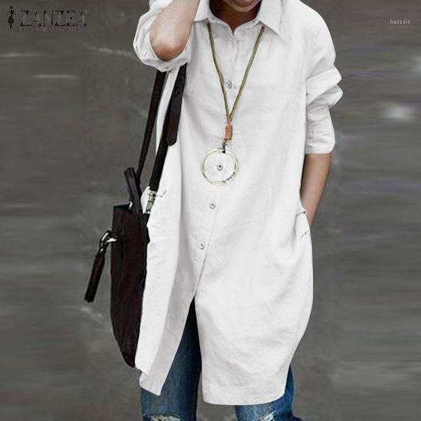 

elegant solid shirts women's asymmetrical blouse zanzea 2020 casual long sleeve blusas female button pleated tunic plus size 5xl1, White