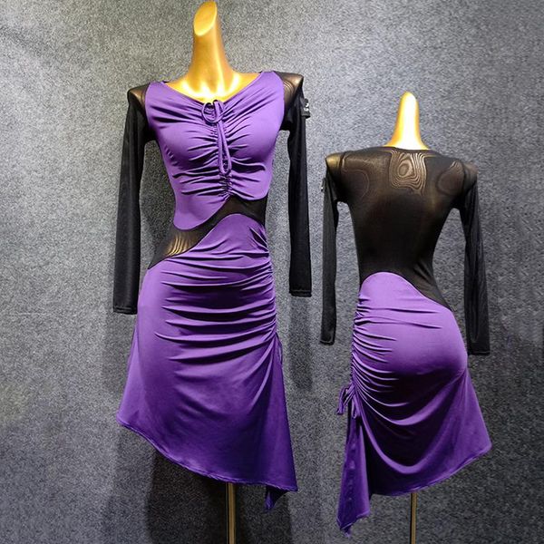 

stage wear latin dance clothing dress women see through back purple competition costume modern tango 1534, Black;red