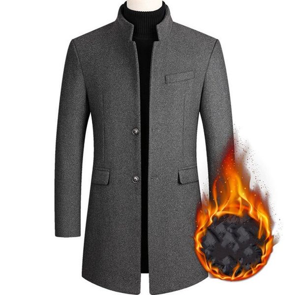 

men solid color wool thicked long trench coat men's single-breasted slim fit dust coats business casual overcoat male 7 color, Black