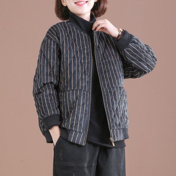

women's jackets 2021 striped cotton padded short coat autumn winter wear zipper outwear casual thickened warm jacket, Black;brown