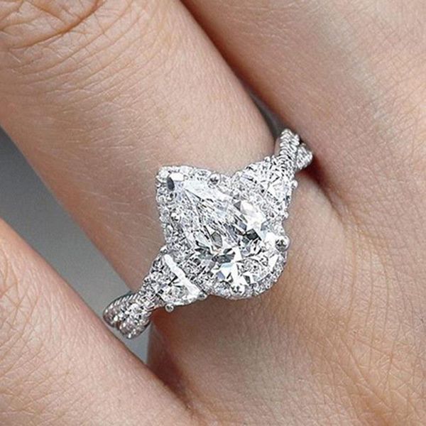 

huitan wedding anniversary ring with pear shape cubic zirconia prong setting fashion engagement rings for women valentines gift, Slivery;golden