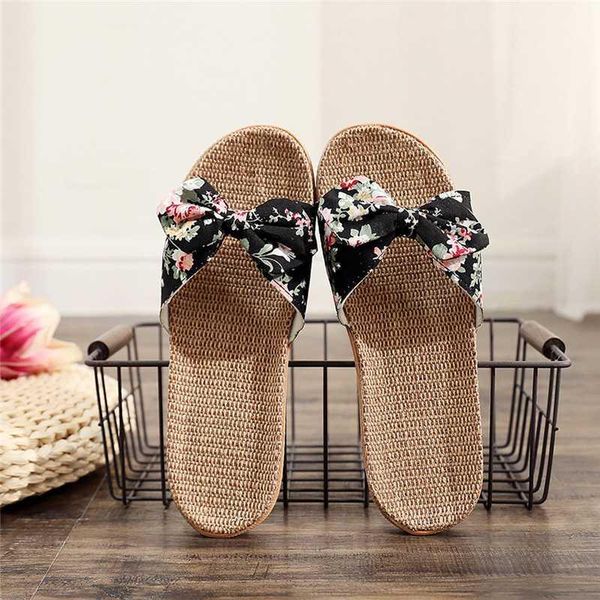 

fashion leisure women female bowknot flax linen flip flops beach shoes sandals slippers material comfortable a501, Black