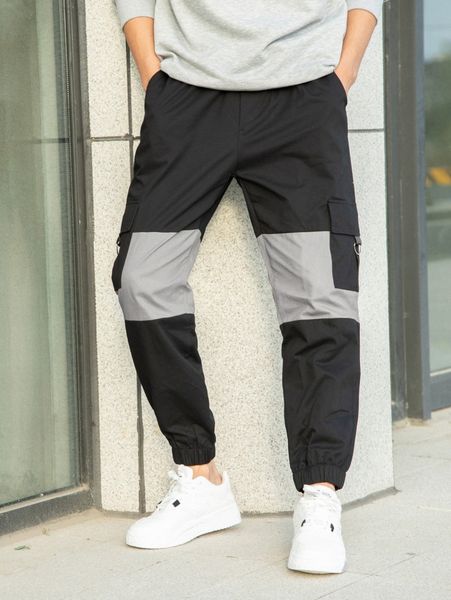 

men contrast panel flap pocket side pants q8is#, Black