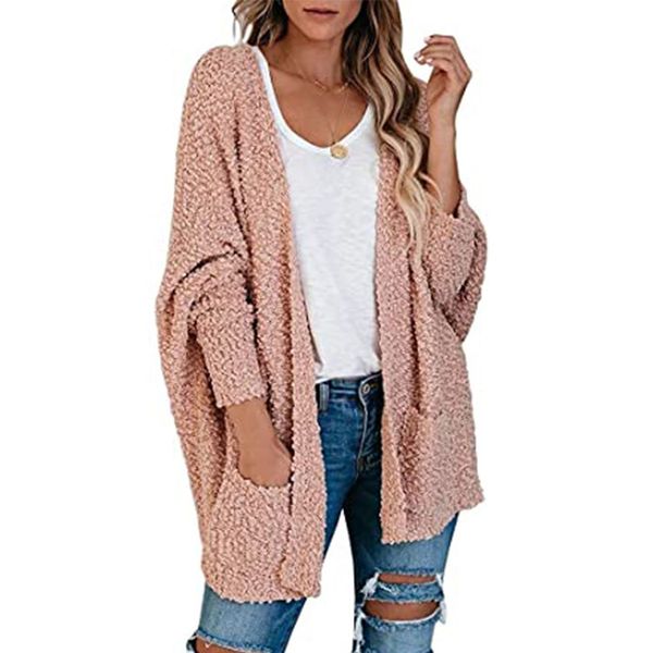 

fall/winter selling casual sweater solid color fleece double pocket dolman sleeve cardigan sweater coat for women, White