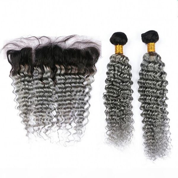 

deep curly wave 1b grey ombre 13x4 lace frontal closure with 2bundles 3pcs lot ombre silver grey peruvian virgin hair wefts with frontal, Black;brown