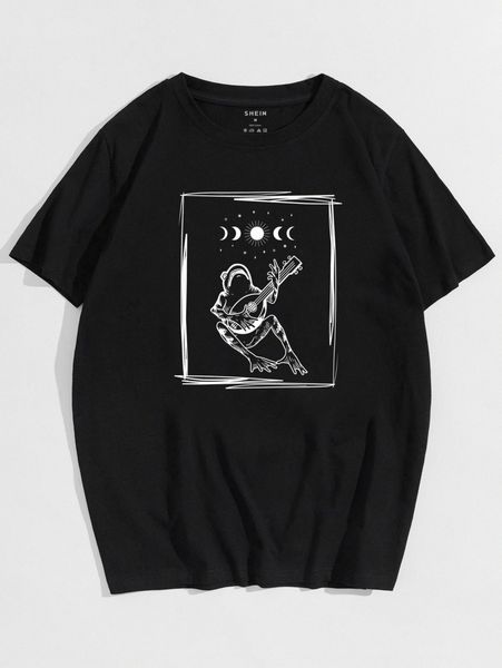 

men frog & moon print tee x43p#, White;black