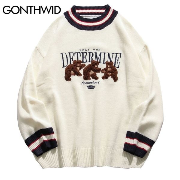 

gonthwid bear patchwork striped knitted jumpers sweaters streetwear hip hop harajuku casual pullover knitwear mens fashion 201106, White;black