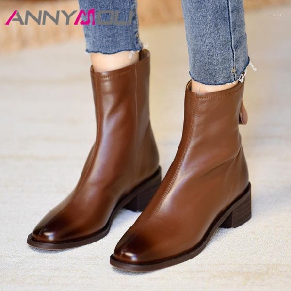 

annymoli genuine leather mid heel ankle boots short boots women shoes round toe zipper thick heels lady autumn black brown1