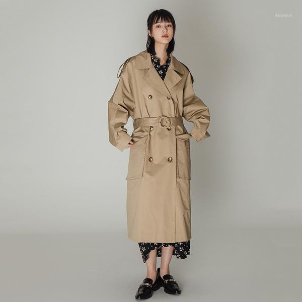 

windbreaker female british double-breasted lace-up long 2020 new spring autumn loose casual over knee trench women coat a641, Tan;black