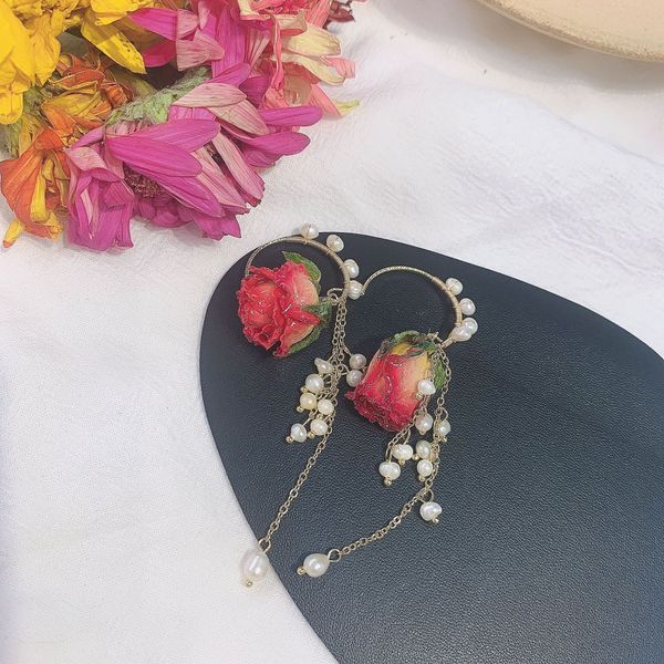 

rose flower earrings pearl dried flower handmade niche design real petal earrings long female gift, Silver