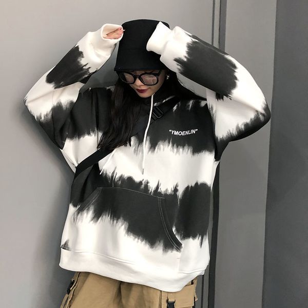 

pocket hoodies casual tie plus stylish thicker streetwear hooded oversize hip-hop dye front loose drawstring women velvet rntpq, Black