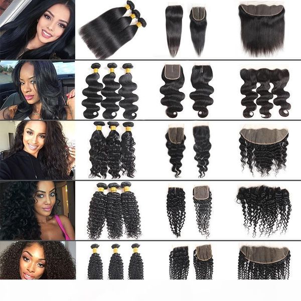 

brazilian body wave human hair 3 bundles with closure unprocessed straight human virgin hair bundles with frontal hair extensions deep wave, Black