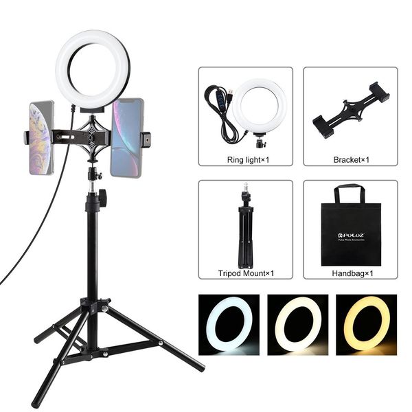

puluz 70cm tripod mount live broadcast dual phone bracket 62 inch 16cm led ring vlogging video light kits