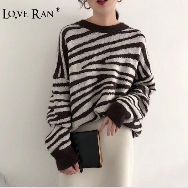 

zebra pattern striped knitted women's pullover sweaters 2020 autumn winter wool batting sleeve loose ladies casual pullovers, White;black