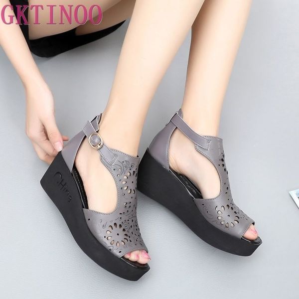 

gktinoo new hollow genuine leather sandals women shoes sandals platform wedges summer shoes woman fashion casual sandals y200405, Black