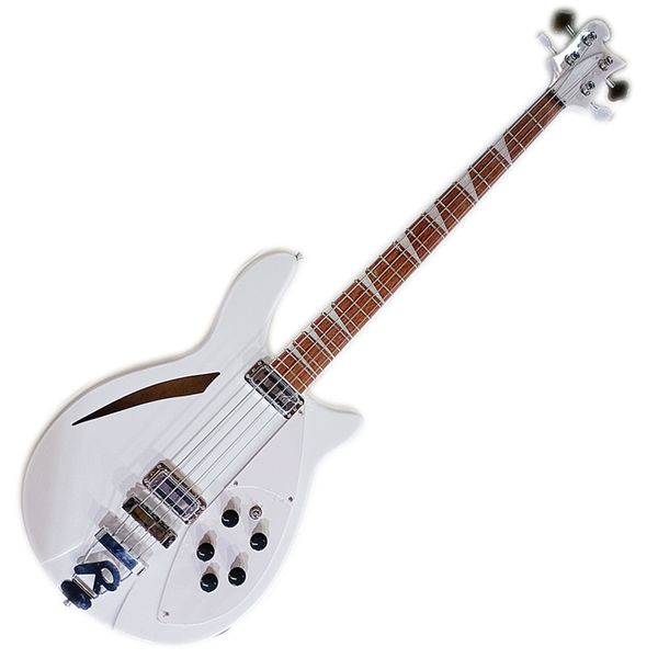 

white 4 strings semi-hollow electric bass guitar with rosewood fingerboard,white pickguard,customizable
