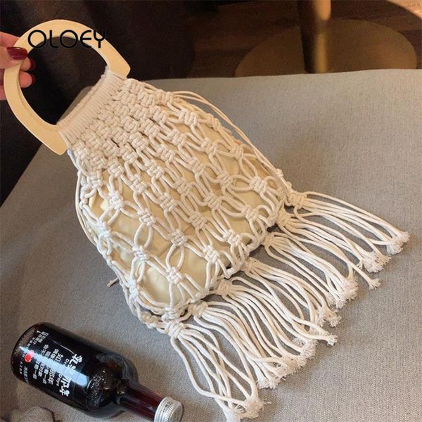 

vintage cotton rope hollow straw bag sheer macrame tote wooden ring rattan handle net bag chic handbag fashion tassel beach bags