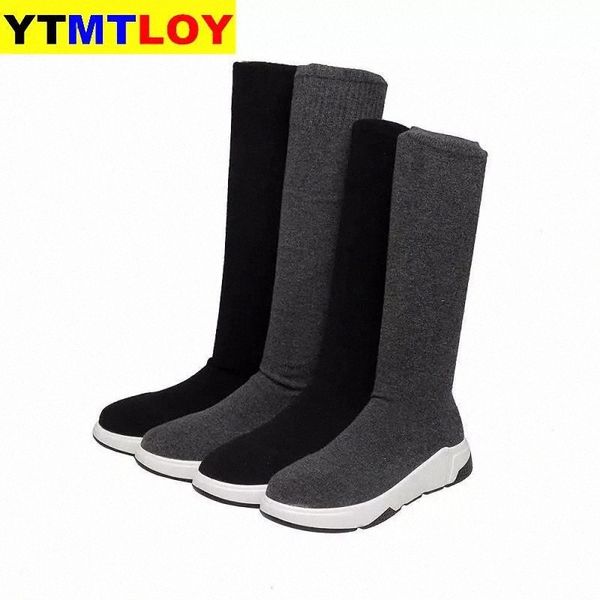 

2021winter new womens medium length boots thick bottom round toe slip on warm female over the knee long black stretch fabric #cp5d