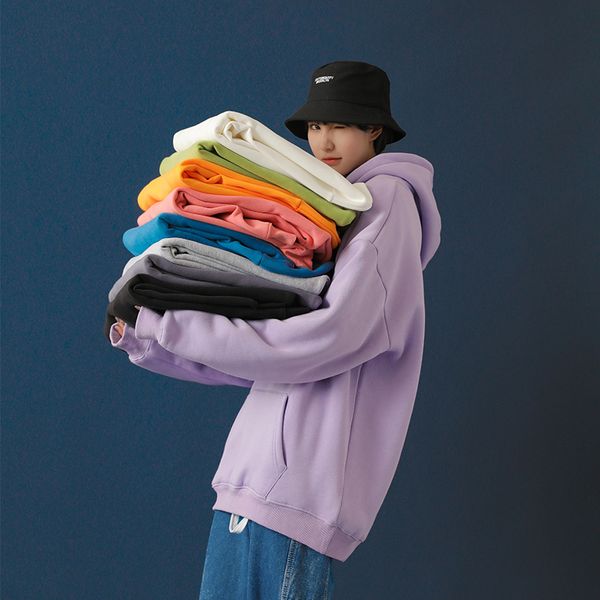 

solid color hooded sweater men's autumn and winter new loose lovers' wear bottomed hoodie fashion casual student coat, Blue