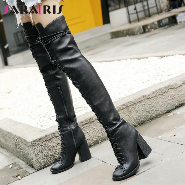 

sarairis ins ladies cool black thigh high boots women high heels boots cross tied over the knee motorcycle shoes woman1