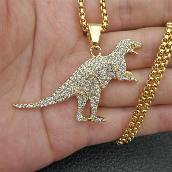 

pendant necklaces hip hop tyrannosaurus rex necklace stainless steel gold color iced out full rhinestone dinosaur for men jewelry, Silver