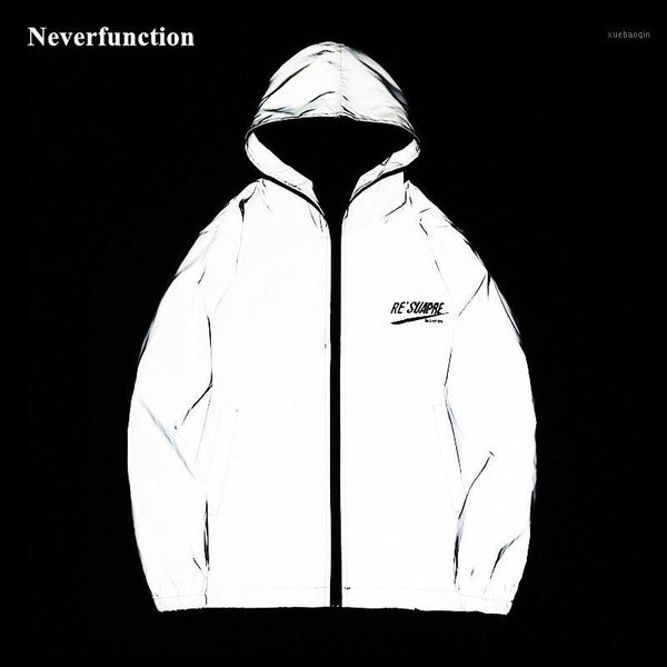 

new men letter embroidery full reflective windbreaker hooded jacket streetwear male skateboard hip-hop dancers jackets coats1, Black;brown