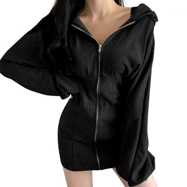 

2020 women's solid mini dress female high-waist coat long sleeve v-neck fall girl tummy control hooded side pockets clothes1, Black;gray