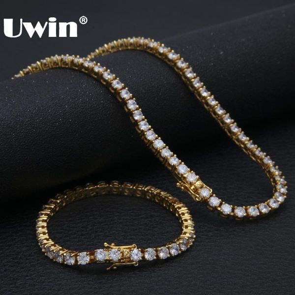 

uwin 5mm cubic zirconia jewelry set round iced out cz necklace&bracelet fashion crystal 1 row tennis chains sets drop shipping, Silver