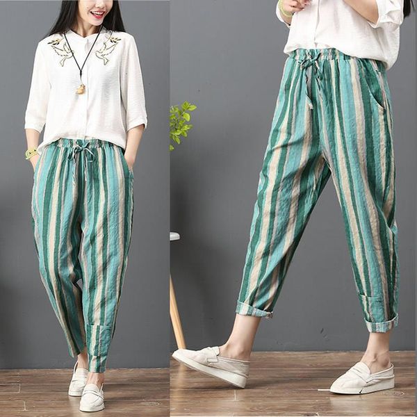 

плюс размер хлопчатобумажные бельевые брюки женские летние свободные брюки гарема в полоску карманные повседневные спортивные штаны брюки ул, Black;white