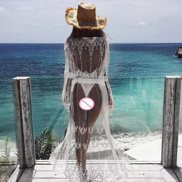

women beachwear embroidery lace kimono cardigan perspective cover up long blouse summer boho beach ladies shirt blusas1, White