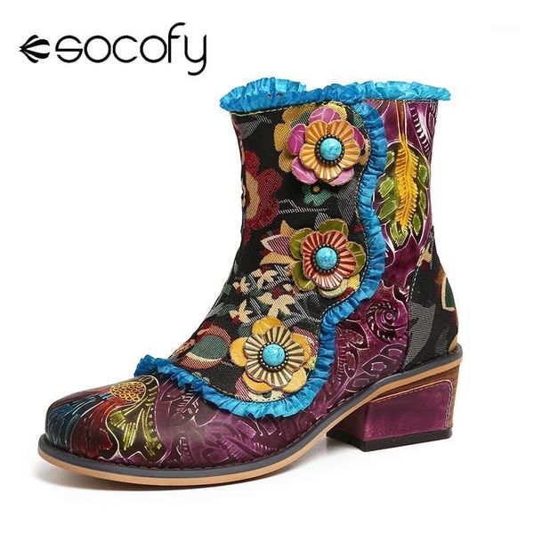 

socofy hand painted genuine leather flowers blue lace zipper flat short boots elegant shoes women shoes botas mujer1, Black