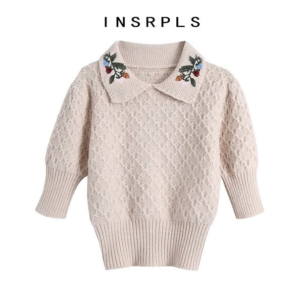 

insrpls женская мода флористическая вышивка вязаный свитер винтаж peter pan woll wollection с коротким рукавом женские пуловеры шикарные вер, White;black