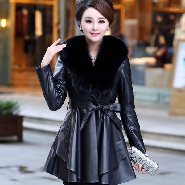 

2020 european winter coats women fashion leather down jacket warm long coats with fur collar1, Black