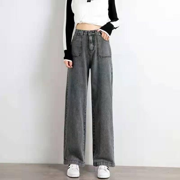 

women's jeans spring autumn style straight pants high waist solid color wide leg sashes pockets casual kk0290, Blue