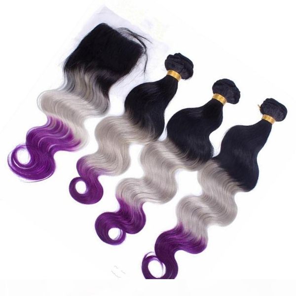 

black roots grey purple ombre brazilian hair bundles with 4x4 lace closure body wave #1b grey purple 3tone ombre human hair weave wefts, Black;brown