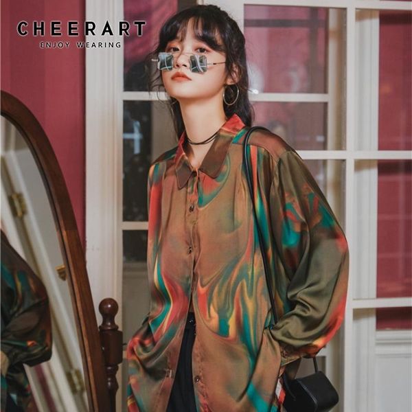 

cheerart iridescent oversized blouse women long sleeve button up collar shirt loose streetwear fall fashion 2020 clothing, White