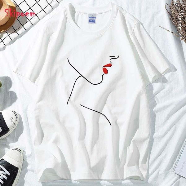 

simple body line t-shirt women punk vintage tumblr harajuku kawaii aesthetic korean style gothic tee shirt femme streetwear1, White