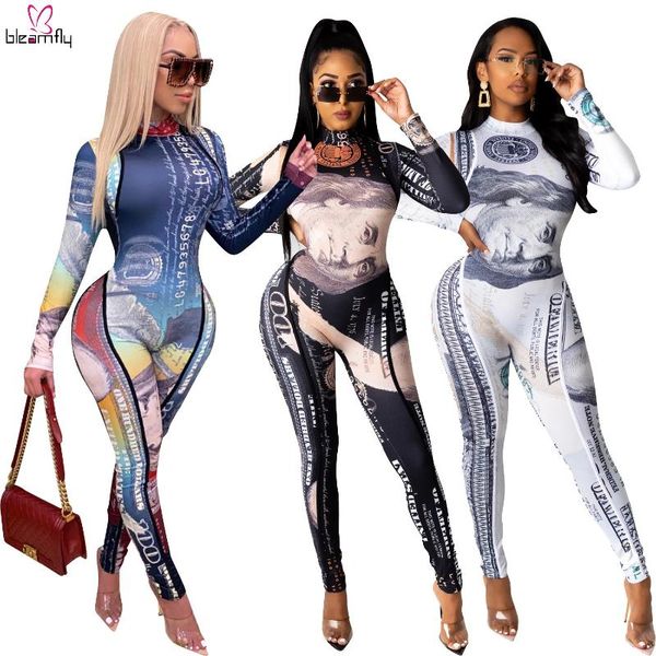 

long sleeve turtleneck jumpsuit us dollar money printed long sleeve clubwear romper one piece onseie jumpsuits fall clothes, Black;white