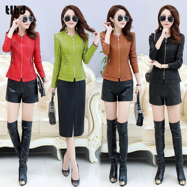 

women's leather & faux tlhd 2021 fashion women autunm winter red jackets lady bomber motorcycle cool outerwear coat 1, Black