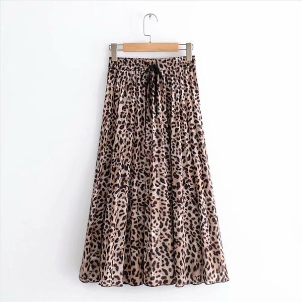 

2021 new women vintage leopard print pleated midi skirt faldas mujer ladies elastic waist sashes chic mid calf female skirts, Black