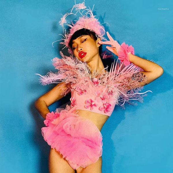 

festival party bar club stage wear women dj singer dance performance clothes pink flower bikini nightclub costume dn5988-31, Black;red